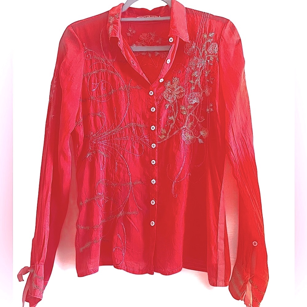 Johnny Was Vintage Embroidered Coral Crinkle Shirt